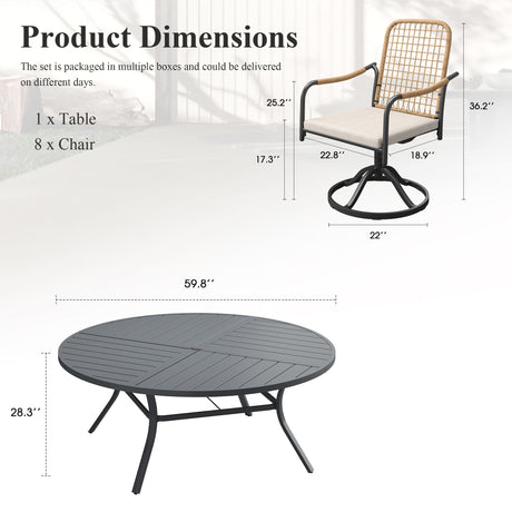 Viclla 9-Piece Outdoor Dining Set, 60” Round Metal Table with Umbrella Hole & Solana Swivel Chair