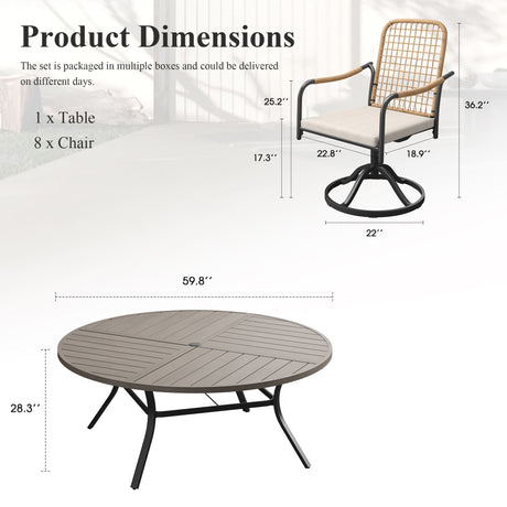 Viclla 9-Piece Outdoor Dining Set, 60” Round Metal Table with Umbrella Hole & Solana Swivel Chair
