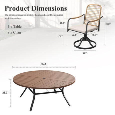 Viclla 9-Piece Outdoor Dining Set, 60” Round Metal Table with Umbrella Hole & Solana Swivel Chair