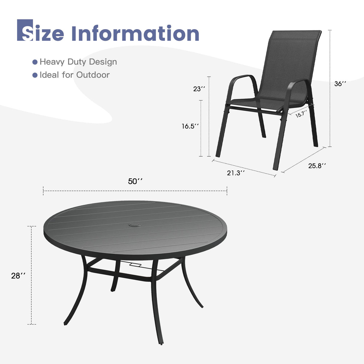 Vicllax 7-Piece Outdoor Dining Set, 50” Round Metal Table and Horizon Stackable Chair