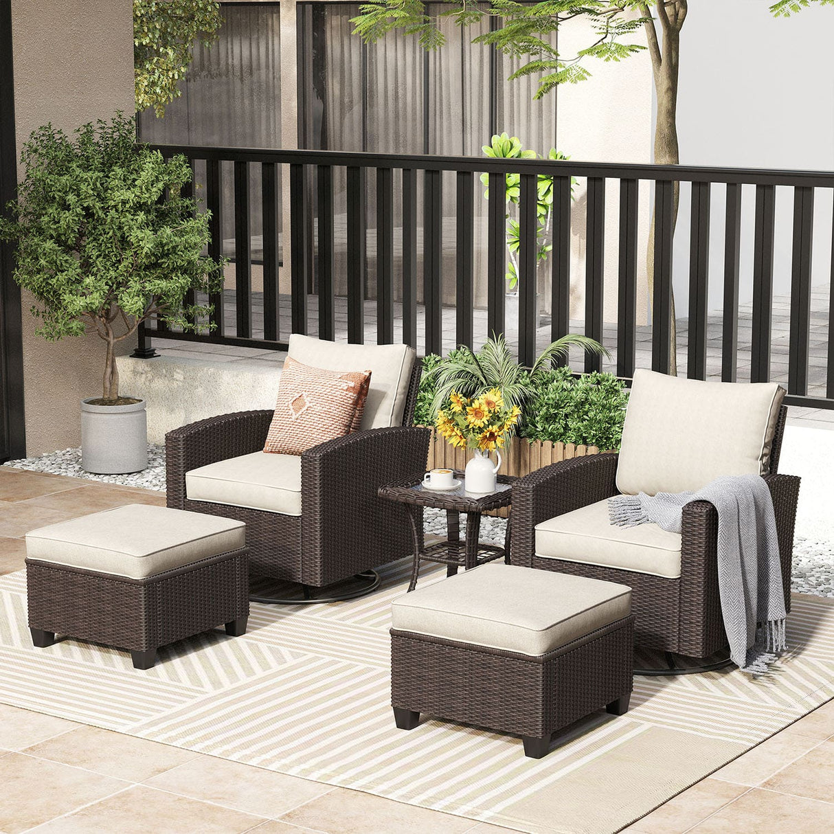 Vicllax 3/5 Pcs Patio Sofa Set, Wicker Outdoor Conversation Set with Sofa Chairs and Ottomans