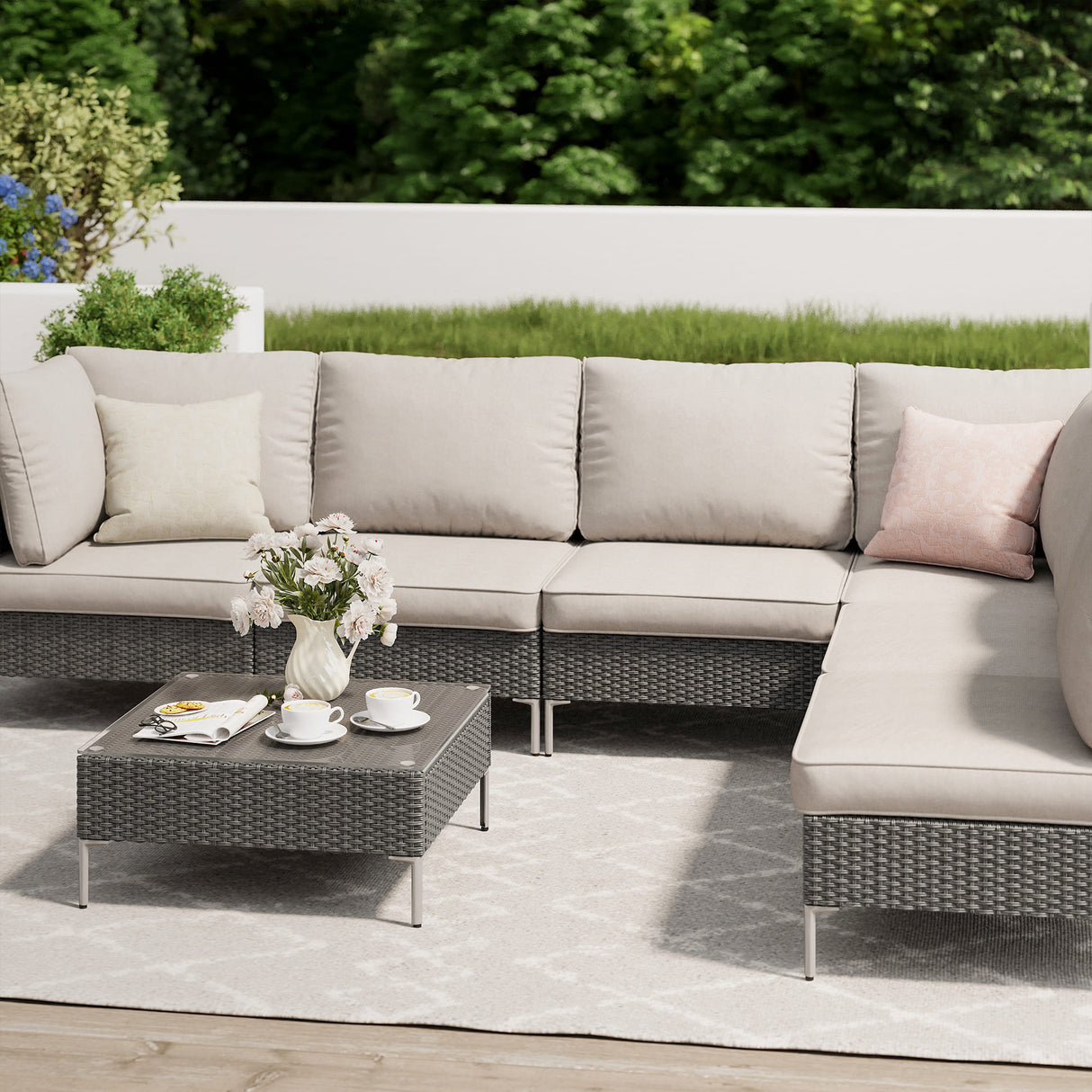 Vicllax 5/7 PCS Wicker Outdoor Conversation Set Patio Sectional Sofas with Glass Coffee Table