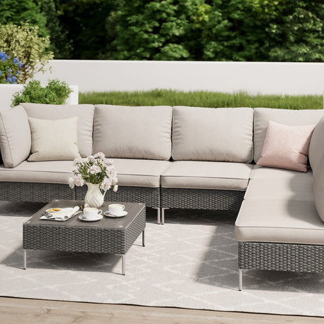 Vicllax 5/7 PCS Wicker Outdoor Conversation Set Patio Sectional Sofas with Glass Coffee Table
