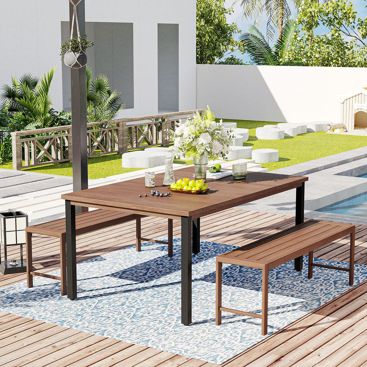 Vicllax 3-Piece Rectangular Metal Outdoor Dining Table and Bench Set