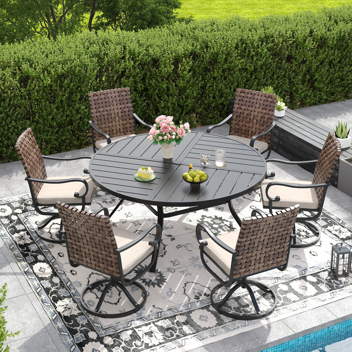 Vicllax 7 Pieces Patio Dining Table Set, 53" Round Metal Table and Sierra Swivel Chair