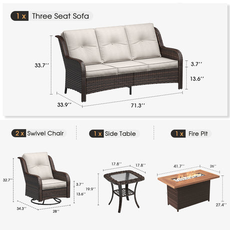 Vicllax Patio Wicker Oasis Lounge Set, 3-Seater, Swivel Chair with Fire table