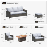 Vicllax Versatile Wicker Patio Set: 7 Seater with Fire Table & Ottoman