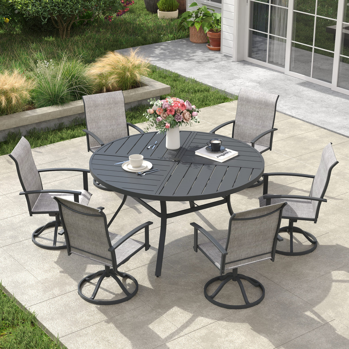 VICLLAX 7-pcs Outdoor Dining Set, 50” Round Metal Table with Umbrella Hole & 6 Swivel Textilene Chairs