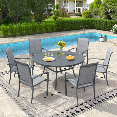 Vicllax 7-Piece Outdoor Dining Set, 50” Round Metal Table & Skyline Stackable  Chair