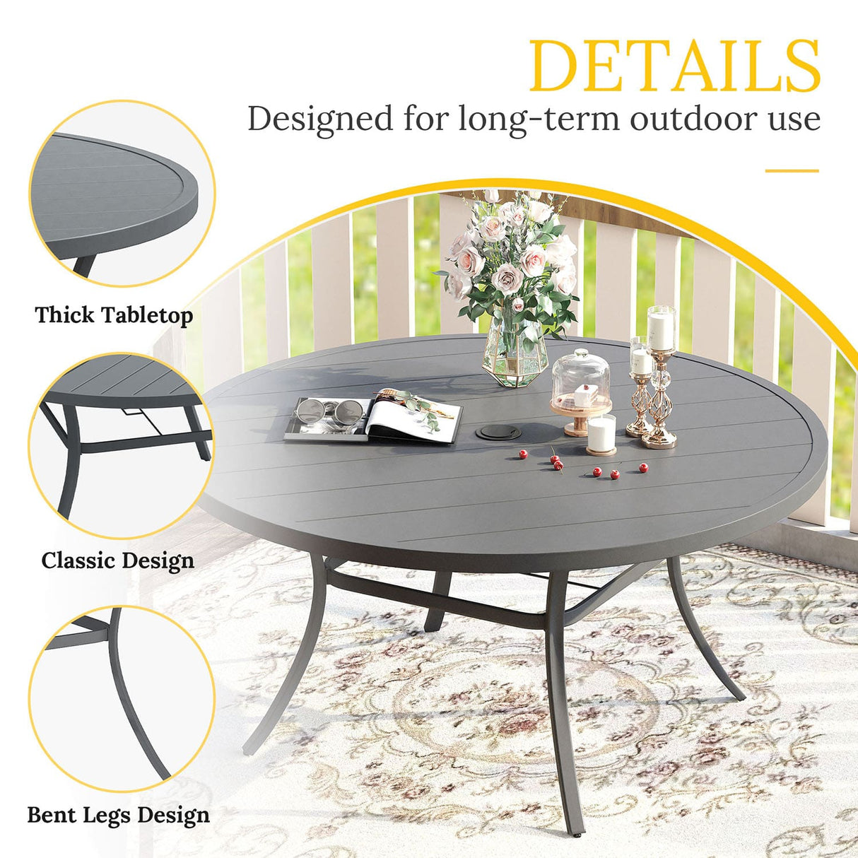 Vicllax 50” / 60" Outdoor Round Metal Dining Table with Umbrella Hole for 6,8