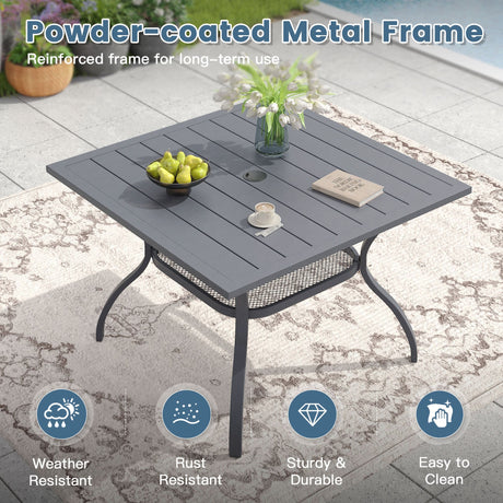 Vicllax 5 Pcs Outdoor Dining Set, Square Metal Table with Storage Shelf and 4 Swivel Chairs