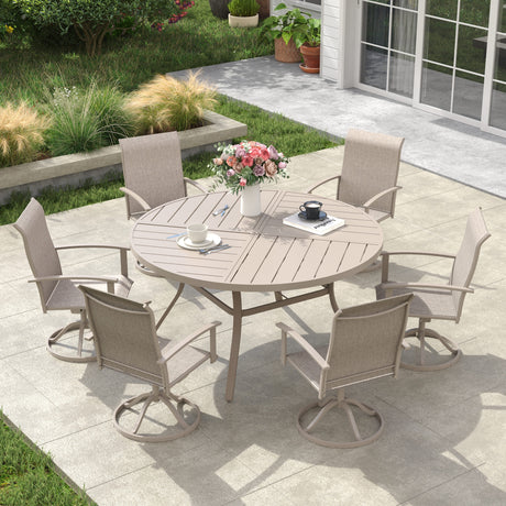 VICLLAX 7-pcs Outdoor Dining Set, 50” Round Metal Table with Umbrella Hole & 6 Swivel Textilene Chairs