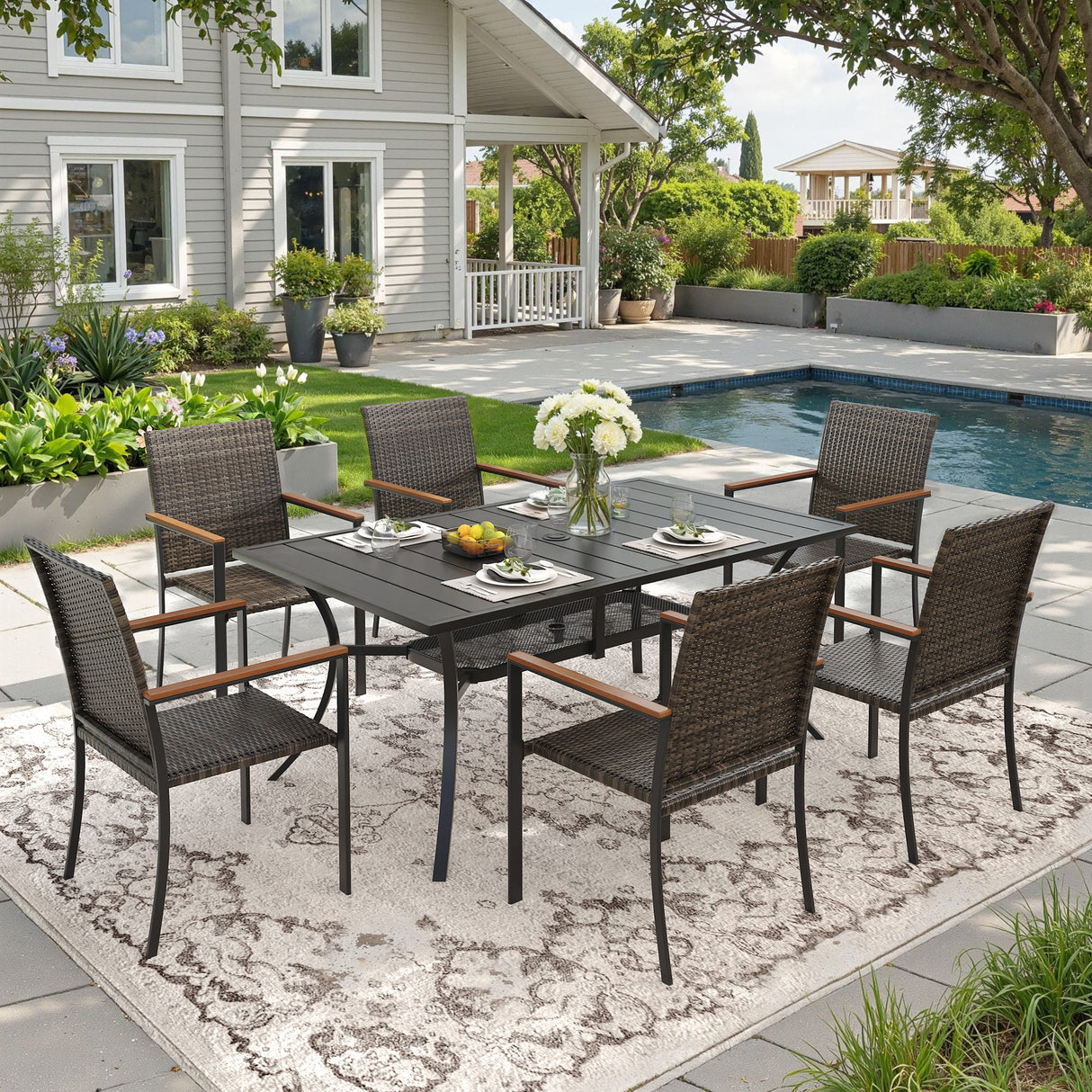 Vicllax 7 Pieces Outdoor Dining Set, Patio Rectangular Metal Table and  6 Stackable  Armchairs