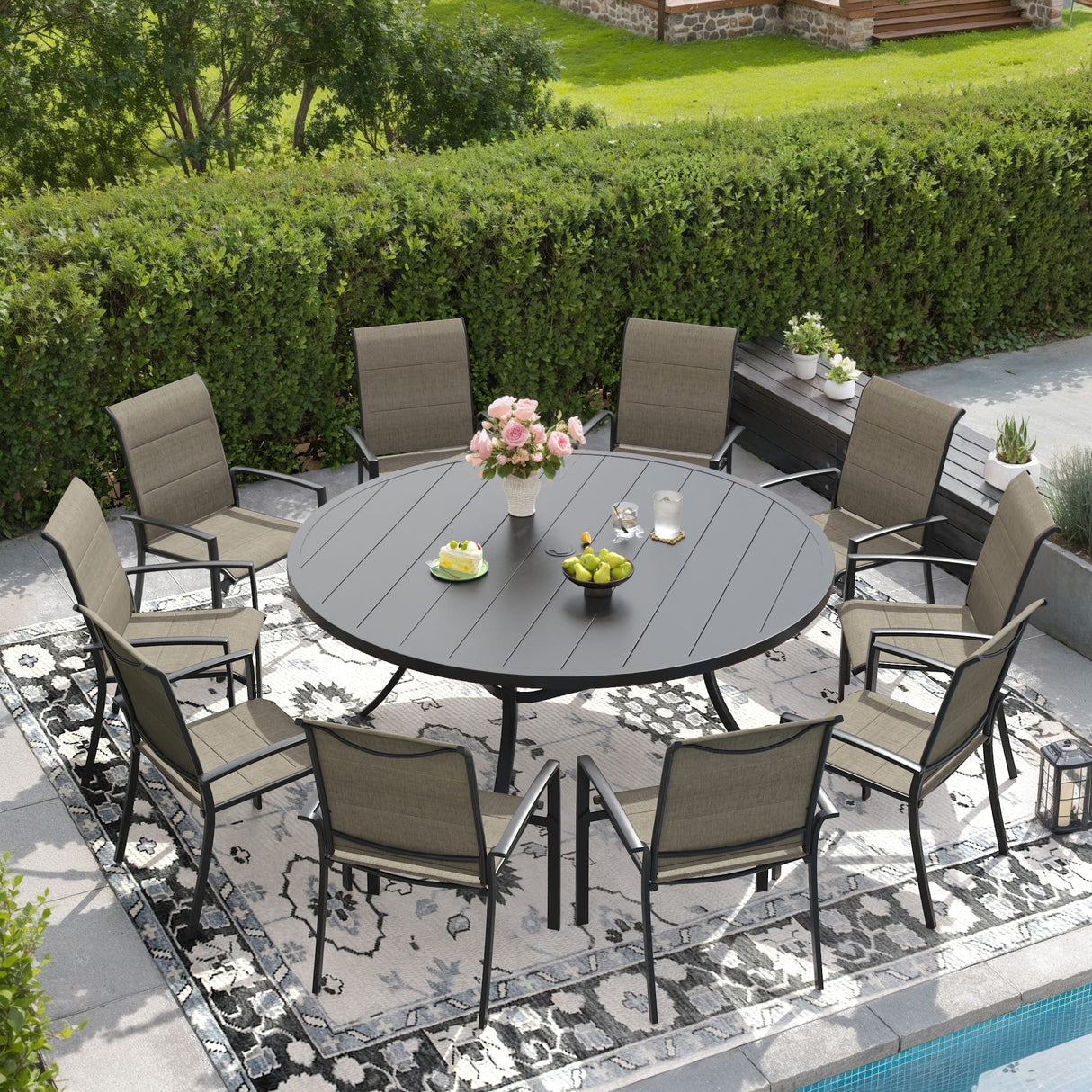 Vicllax 9/11 Pcs Outdoor Dining Set, 53"/ 60" Round Metal Table and Stackable Padded Chair