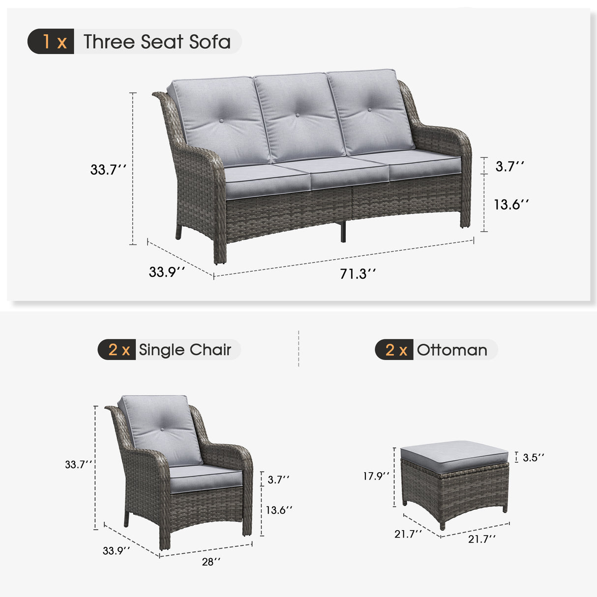 Vicllax 4 Pieces Patio Wicker Oasis Lounge Set, 3-Seater with Ottoman