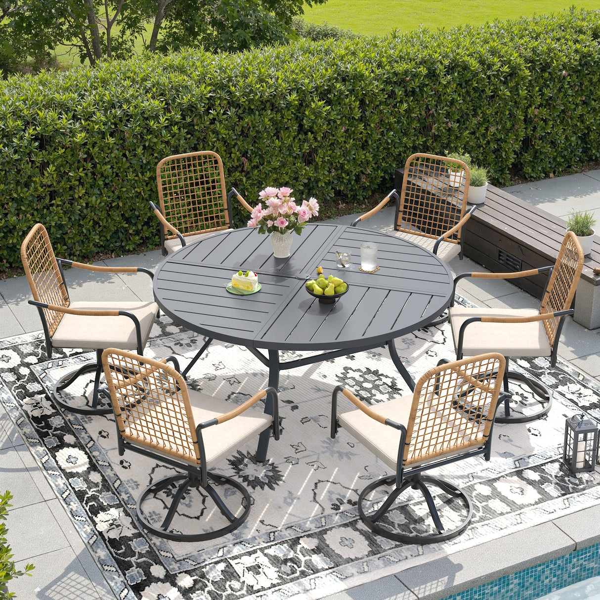 VICLLAX 7-Piece Outdoor Dining Set, 53” Round Metal Table with Umbrella Hole & Solana Swivel Chair