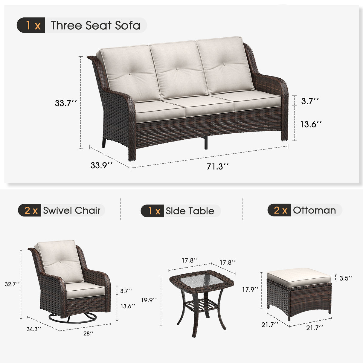 Vicllax 4 Pieces Patio Wicker Oasis Lounge Set, 3-Seater with Ottoman