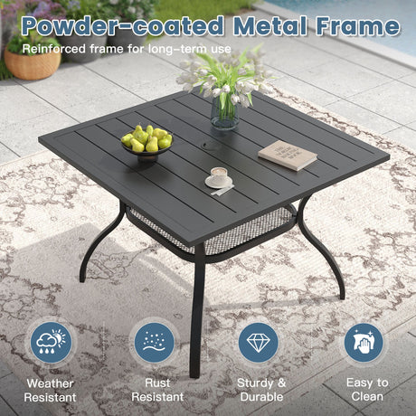 Vicllax 5 Pcs Outdoor Dining Set, Square Metal Table with Storage Shelf and 4 Swivel Chairs