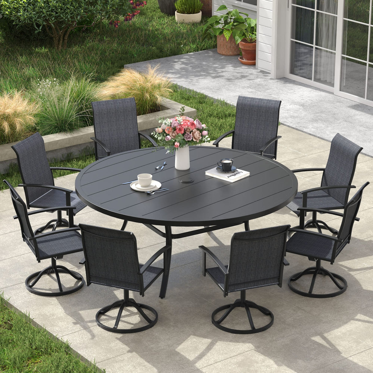Vicllax Outdoor Dining Set for 8 People, Patio 60" Round Table with 8 Swivel Chairs