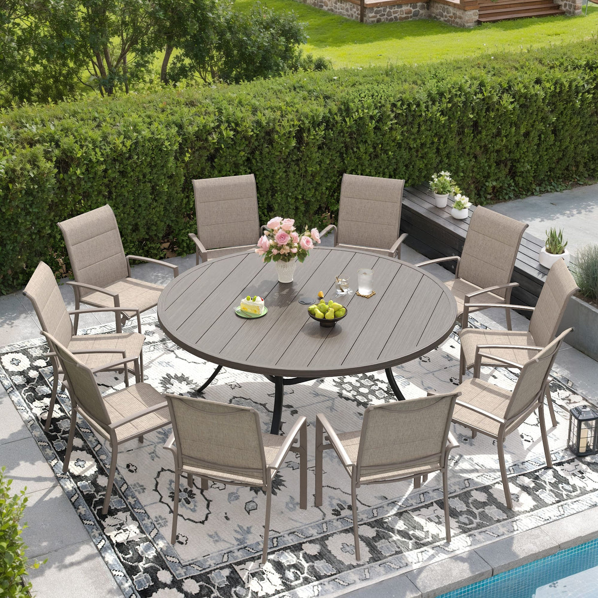 Vicllax 9/11 Pcs Outdoor Dining Set, 53"/ 60" Round Metal Table and Stackable Padded Chair