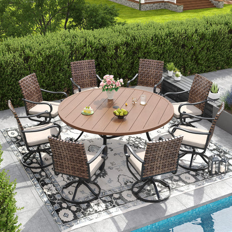 Vicllax 9 PCS Patio Dining Table Set, 60" / 63" Round Metal Table  and Sierra Swivel Chair