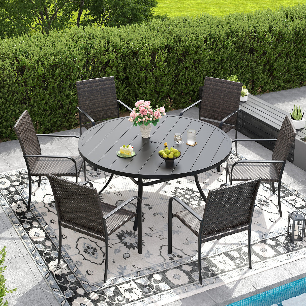 Vicllax 7 Pieces Outdoor Dining Set, 50"Round Table and 6 Stackable Metal  Armchairs