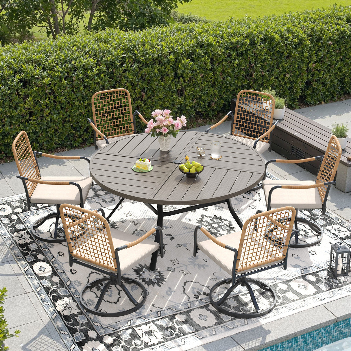 VICLLAX 7-Piece Outdoor Dining Set, 53” Round Metal Table with Umbrella Hole & Solana Swivel Chair