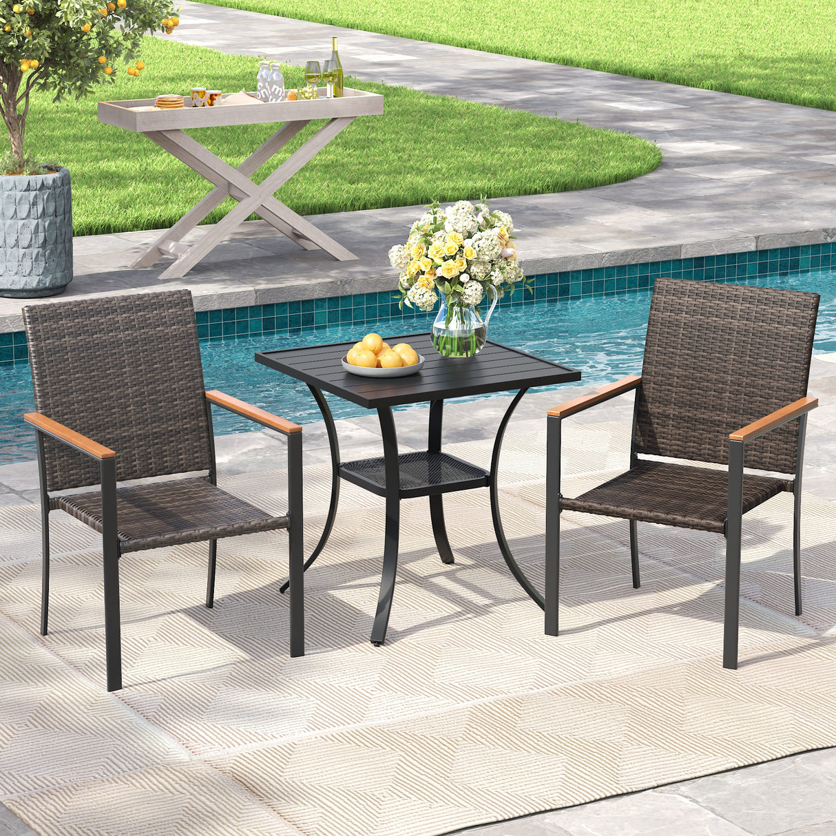 Vicllax 3 Pieces Outdoor Dining Set, 27.6" Square dining Table and 2 Stackable Metal Armchairs