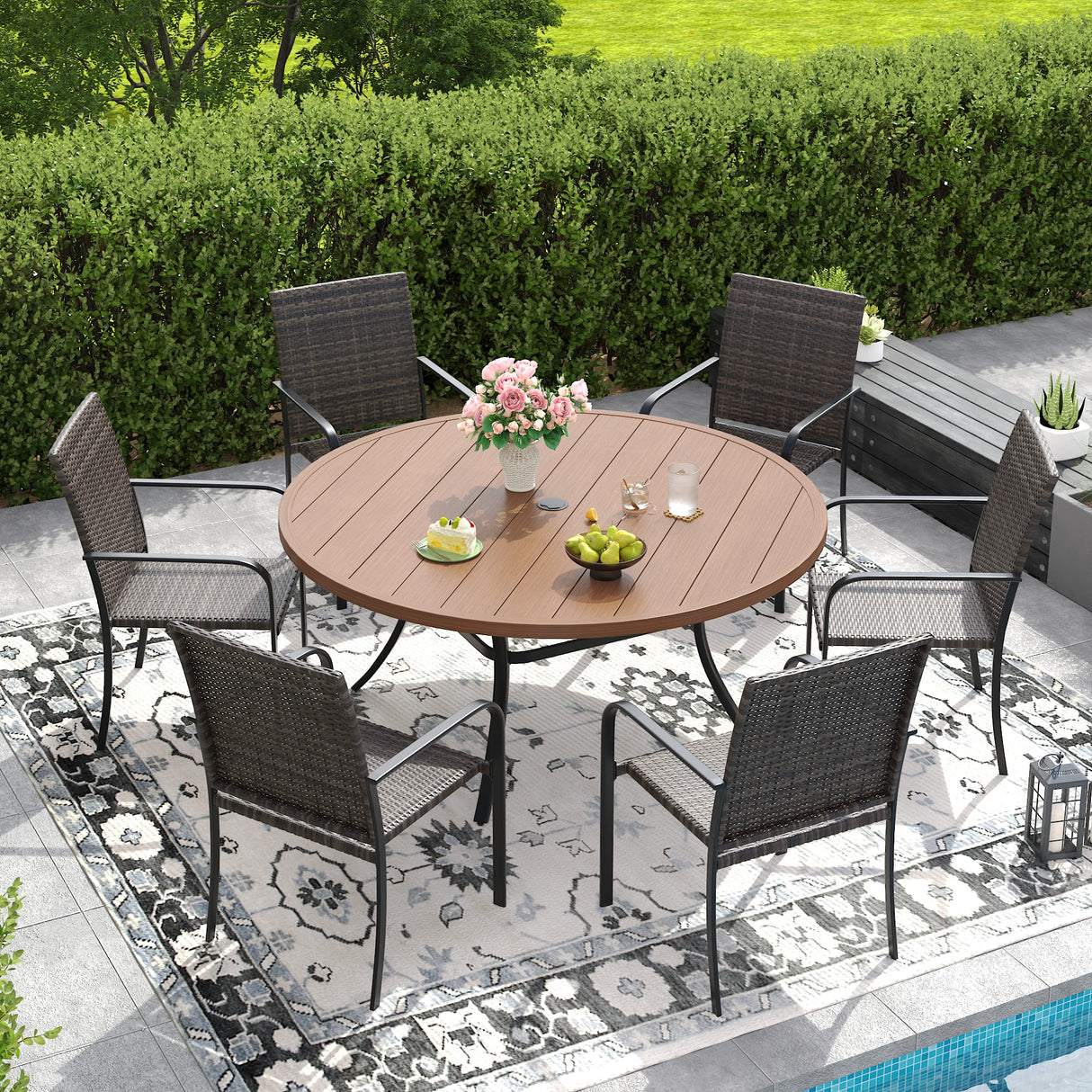 Vicllax 7 Pieces Outdoor Dining Set, 50"Round Table and 6 Stackable Metal  Armchairs
