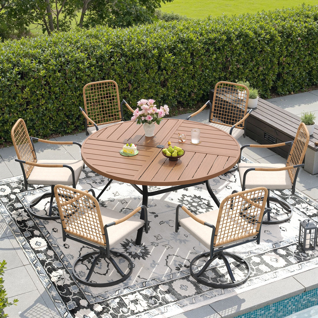 VICLLAX 7-Piece Outdoor Dining Set, 53” Round Metal Table with Umbrella Hole & Solana Swivel Chair
