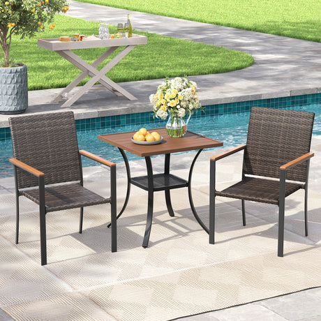 Vicllax 3 Pieces Outdoor Dining Set, 27.6" Square dining Table and 2 Stackable Metal Armchairs