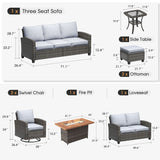 Vicllax Versatile Wicker Patio Set: 7 Seater with Fire Table & Ottoman