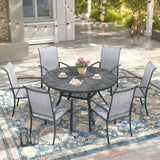 Vicllax 7 PCS Patio Dining Table Set, 47" Round Metal Table with Shelf and Skyline Stackable Chair