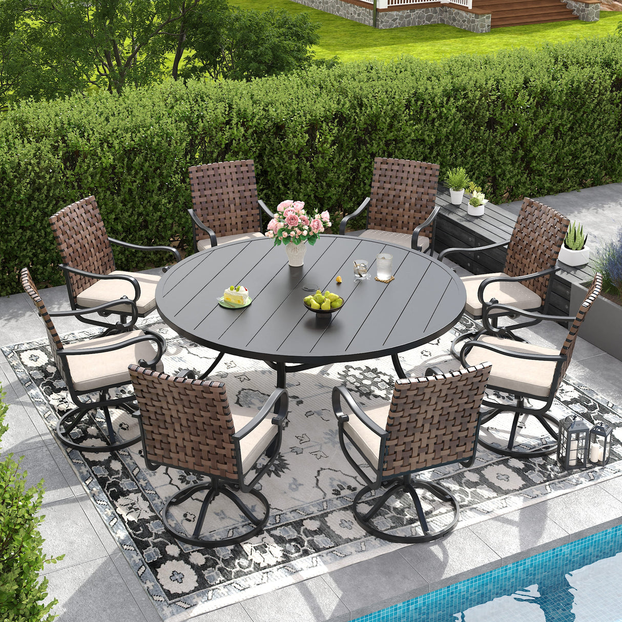 Vicllax 9 PCS Patio Dining Table Set, 60" / 63" Round Metal Table  and Sierra Swivel Chair