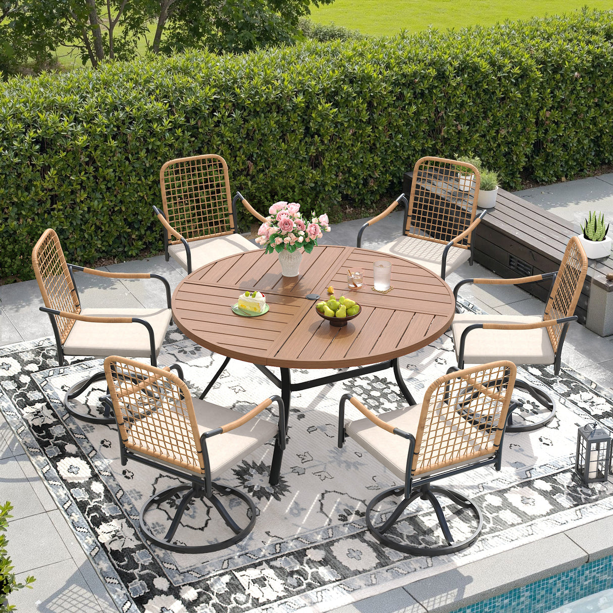 VICLLAX 7-Piece Outdoor Dining Set, 50” Round Metal Table with Umbrella Hole & Solana Swivel Chair