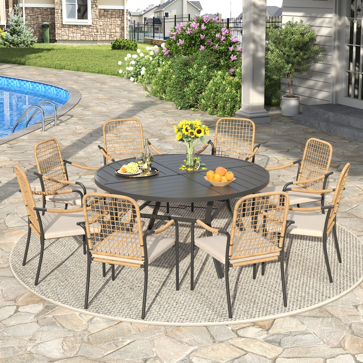 Vicllax 9-Piece Patio Dining Set, 53" Round Metal Table & Rope Chairs ...
