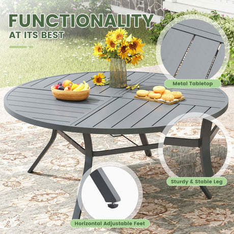 VICLLAX 9-pcs Outdoor Dining Set, 60” Round Metal Table with Umbrella Hole & 8 Swivel Textilene Chairs