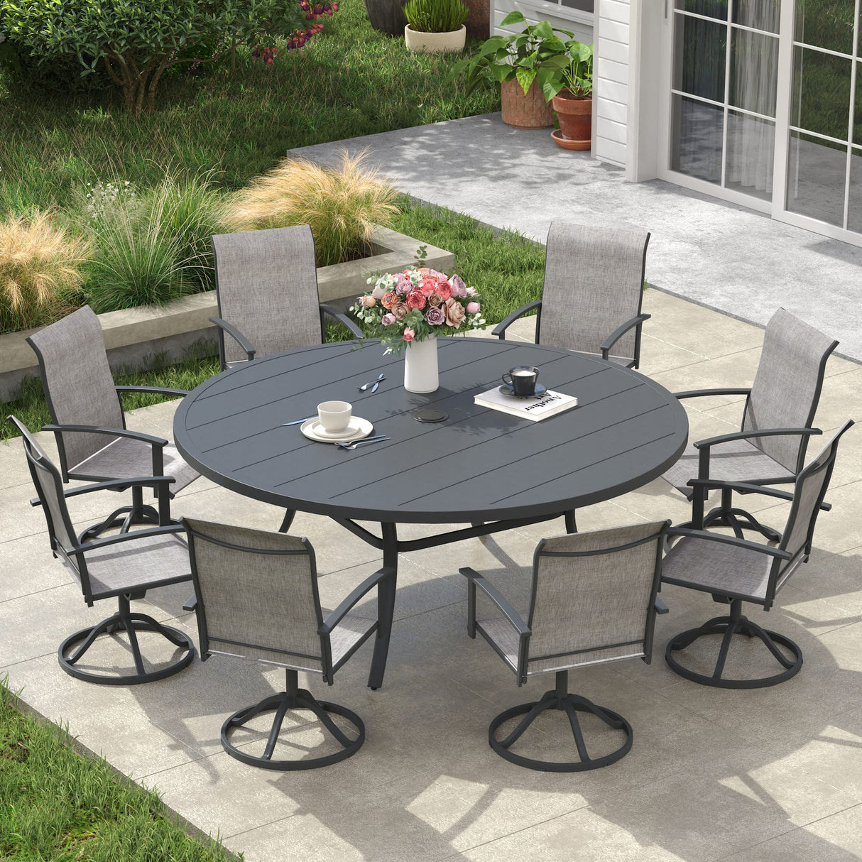 Vicllax Outdoor Dining Set for 8 People, Patio 60" Round Table with 8 Swivel Chairs