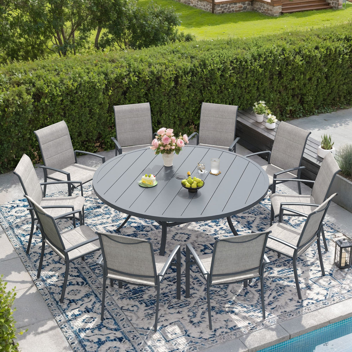 Vicllax 9/11 Pcs Outdoor Dining Set, 53"/ 60" Round Metal Table and Stackable Padded Chair