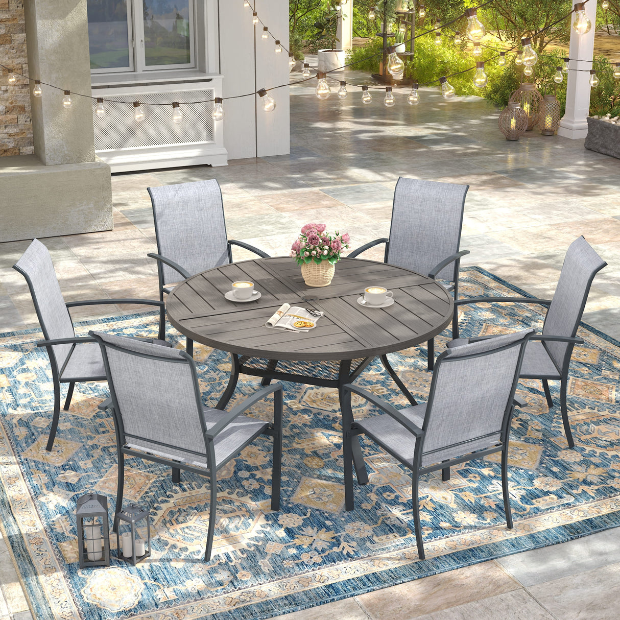 Vicllax 7 PCS Patio Dining Table Set, 47" Round Metal Table with Shelf and Skyline Stackable Chair
