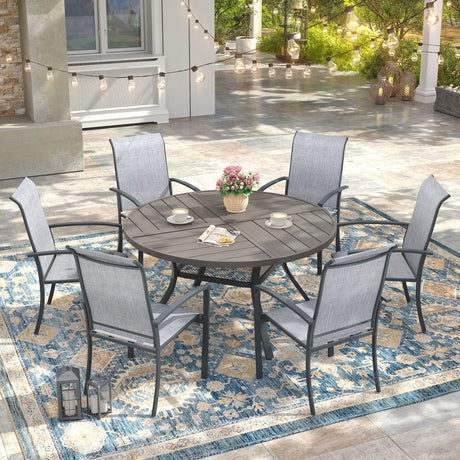 Vicllax 7 PCS Patio Dining Table Set, 47" Round Metal Table with Shelf and Skyline Stackable Chair