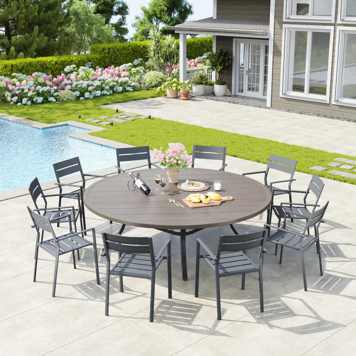 Vicllax Mesa redonda para patio de 42" con estante de almacenamiento y orificio para sombrilla ajustable 