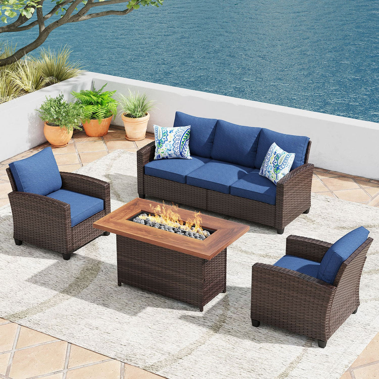 VICLLAX Versatile Wicker Patio Set: 5 Seater with Fire Table/Ottoman