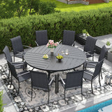 Vicllax 11 PCS Patio Dining Table Set, 63" Round Metal Table with Shelf and Skyline Stackable Chair