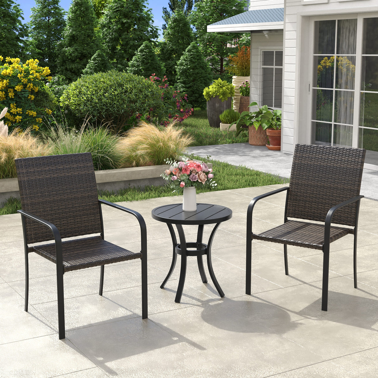 Vicllax 3 Pieces Outdoor Dining Set, 18.5" Outdoor Round /Square Dining Table and 2 Stackable  Armchair, Bistro Set for Garden, Balcony & Backyard