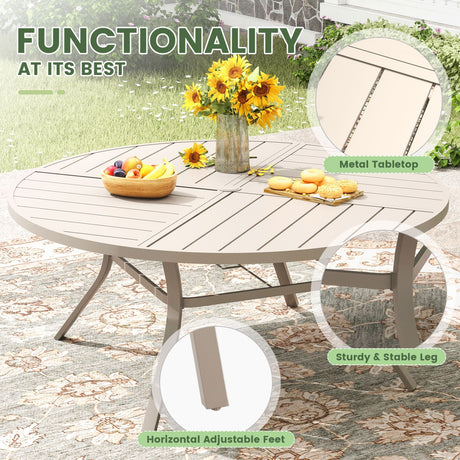 VICLLAX 9-pcs Outdoor Dining Set, 60” Round Metal Table with Umbrella Hole & 8 Swivel Textilene Chairs