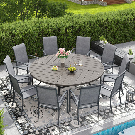 Vicllax 11 PCS Patio Dining Table Set, 63" Round Metal Table with Shelf and Skyline Stackable Chair