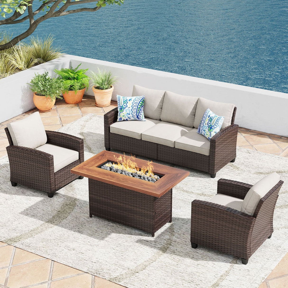 VICLLAX Versatile Wicker Patio Set: 5 Seater with Fire Table/Ottoman