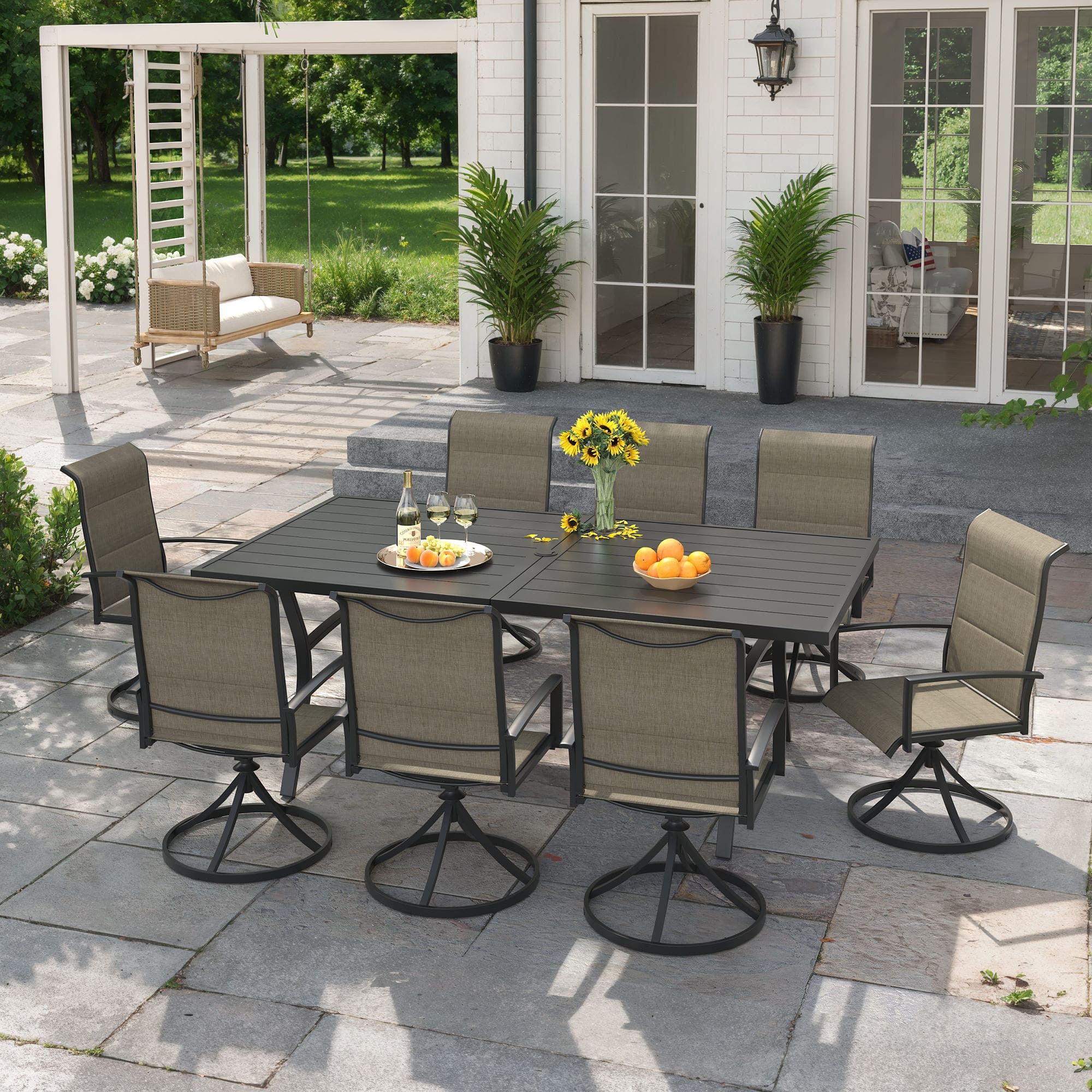 Vicllax 9 Pieces Outdoor Dining Set with Metal Rectangular Table and Padded Swivel Chair