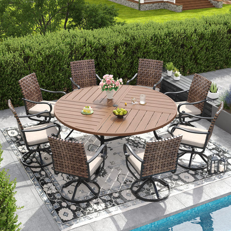 Vicllax 9 PCS Patio Dining Table Set, 63" Round Metal Table with umbrella Hole and Sierra Swivel Chair